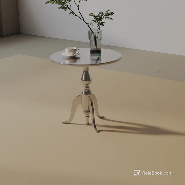 Silver Round Side Table With Three Legs White Cup And Green Plant 3d model