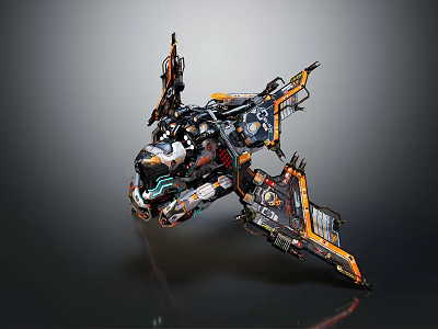 Futuristic Sci Fi Spaceship With Black Orange White Complex Mechanical Structure And Wings 3d model