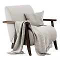 Modern Light Gray Fabric Lounge Chair with Wooden Armrests Pillow and Fringe Blanket