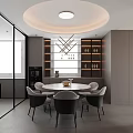 Modern Restaurant Interior With Round Dining Table Gray Chairs Circular Ceiling And Cabinets 3d model