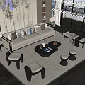 Modern Beige Sofa and Round Coffee Table Set with Cushions Stools and Windows 3d model
