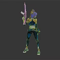 Blue Haired Character Standing With Gun In Purple And Blue Combat Outfit