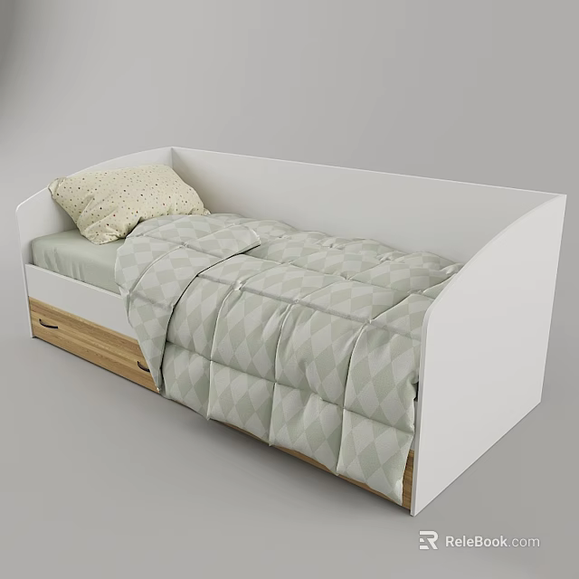 Kids Bed with White Frame Light Green Diamond Pattern Quilt Beige Pillow and Storage Drawers 3d model 