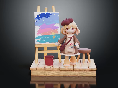 Beret Wearing Cartoon Character with Easel Colorful Painting Stool and Red Bucket on Wooden Platform 3d model