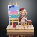 Beret Wearing Cartoon Character with Easel Colorful Painting Stool and Red Bucket on Wooden Platform