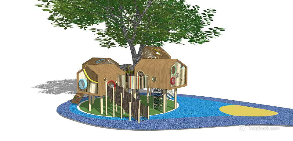 Wooden Playground Equipment with Tree Houses Slides Climbing Nets Under Tree on Circular Green Lawn 3d model 