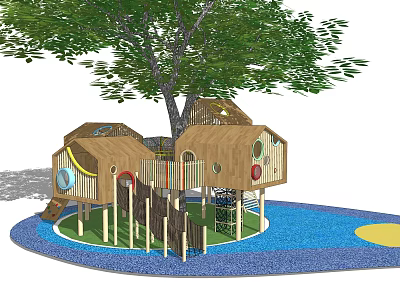 Wooden Playground Equipment with Tree Houses Slides Climbing Nets Under Tree on Circular Green Lawn 3d model