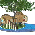 Wooden Playground Equipment with Tree Houses Slides Climbing Nets Under Tree on Circular Green Lawn