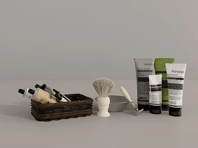 Stylish Bathroom Accessories With Wicker Basket Shaving Brush And Skincare Products 3d model