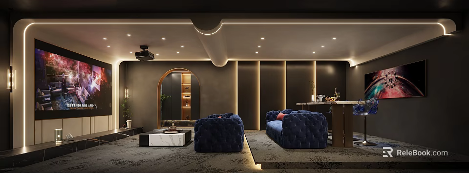 Elegant Modern Home Theater Room Interior With Blue Velvet Sofas Arched Doorway And Recessed Lighting 3d model 