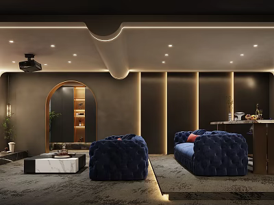Elegant Modern Home Theater Room Interior With Blue Velvet Sofas Arched Doorway And Recessed Lighting 3d model