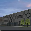 Modern Office Building Exterior Featuring Regular Window Design Road Cars Green Trees And Scenic Sky