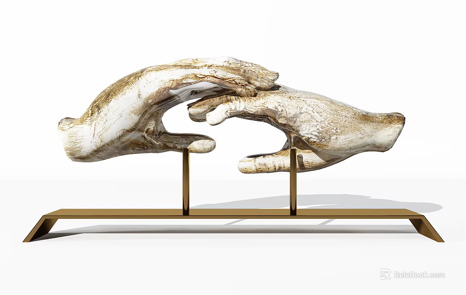 Artistic Two Hands Textured Stone Carving Sculpture Display On Golden Stand 3d model 