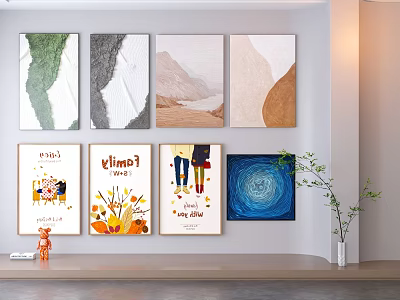 Modern Abstract Paintings Wall Decor In Interior With Blue And Colorful Artworks 3d model