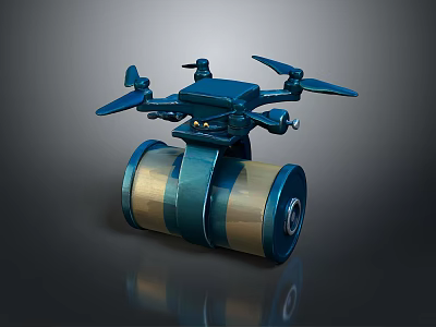 Blue Drone Featuring Four Propellers And Cylindrical Container With Blue Yellow Stripes 3d model