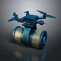 Blue Drone Featuring Four Propellers And Cylindrical Container With Blue Yellow Stripes