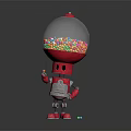 Red Robot With Gumball Machine Head Holding Colorful Candy Balls Scattered On Floor