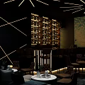 Modern Bar Interior With Geometric Lighting Bookshelf Walls And Comfortable Seating