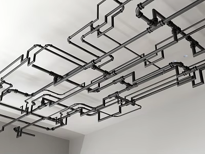 Exposed Black Pipes Network On Ceiling In Modern Industrial Interior 3d model