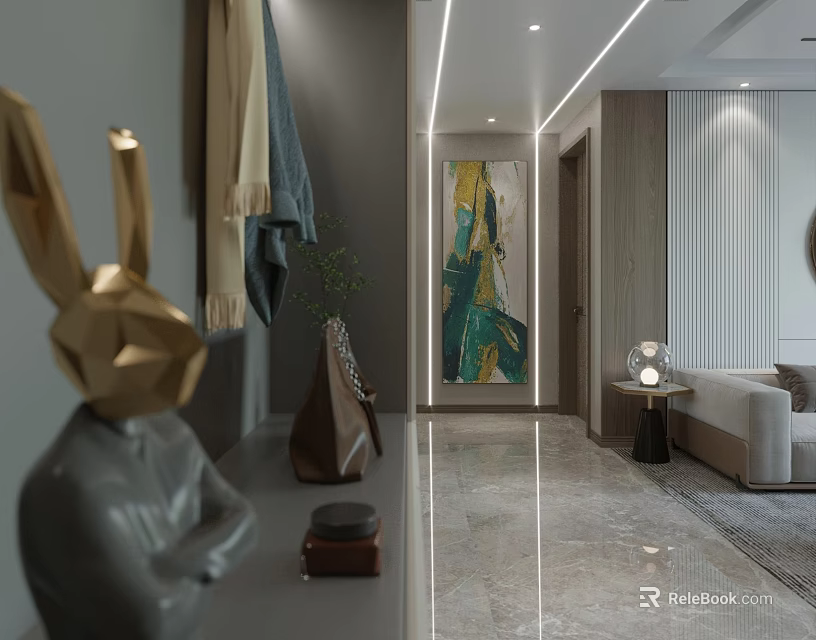 Modern Living And Dining Room Interior With Elegant Sculpture Decorative Painting Sofa And Marble Floor 3d model 