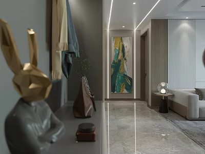 Modern Living And Dining Room Interior With Elegant Sculpture Decorative Painting Sofa And Marble Floor 3d model