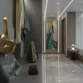 Modern Living And Dining Room Interior With Elegant Sculpture Decorative Painting Sofa And Marble Floor