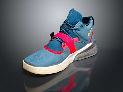 Blue High Top Sports Shoes With Red Straps Yellow Logo Mesh Upper And White Sole 3d model