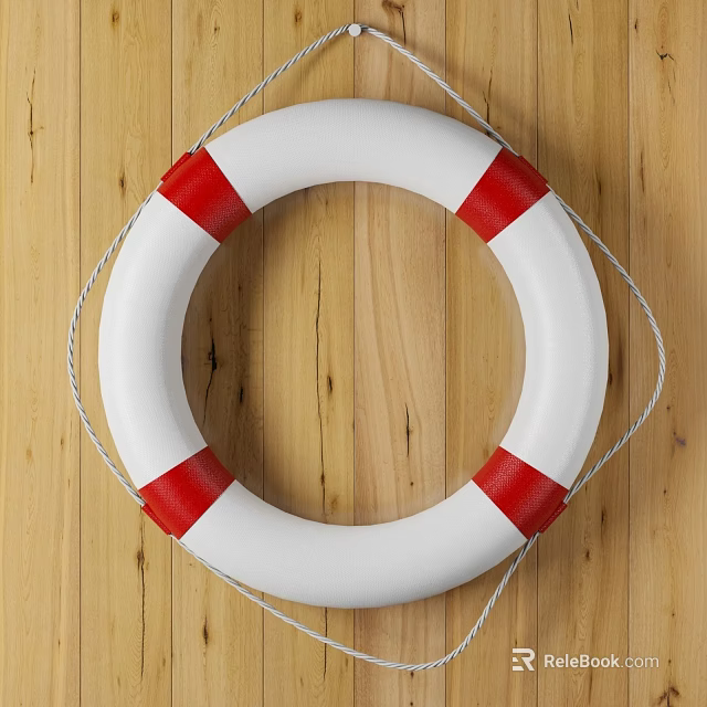 White And Red Circular Lifebuoy Sports Equipment Hanging On Wooden Background 3d model 