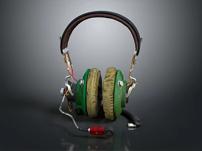 Vintage Design Headphones With Green Beige Ear Cushions Brown Headband And Red Plug Cable 3d model
