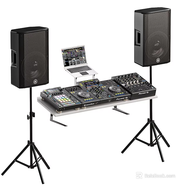 Professional DJ Audio System With Speakers Mixer Laptop And Stand Mounts 3d model 
