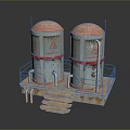 Household Blue Water Storage Tanks With Red Warning Signs And Metal Platform Stairs