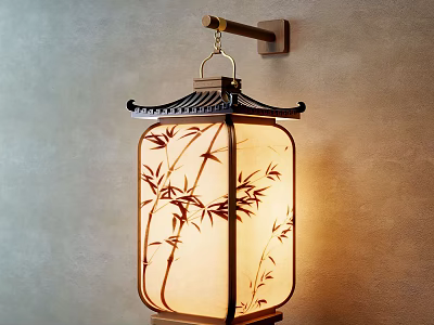 Japanese Style Wall Lamp With Bamboo Leaf Pattern And Wooden Square Shade 3d model
