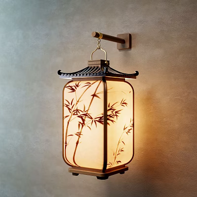 Japanese Style Wall Lamp With Bamboo Leaf Pattern And Wooden Square Shade 3d model