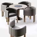 Modern Round Wooden Dining Table With Four Grey Upholstered Chairs And Metal Base