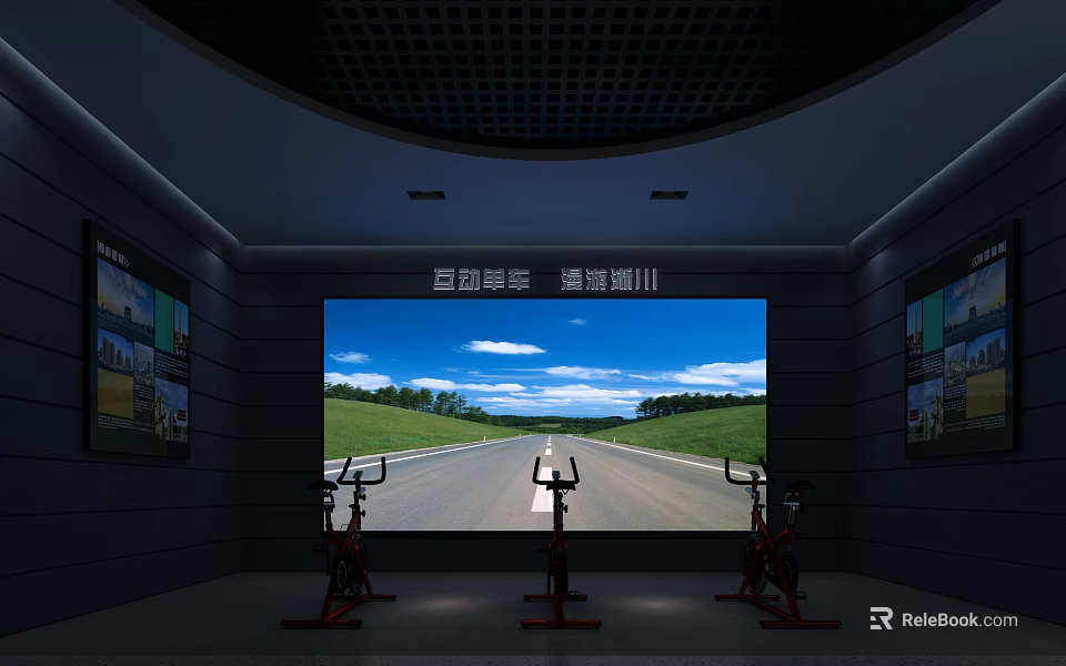 Indoor Cycling Space With Large Screen Showing Road Scenery And Stationary Bikes 3d model 