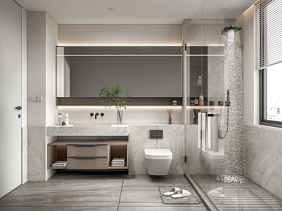 Modern Bathroom Interior Design With Marble Vanity Large Mirror Toilet And Shower Area 3d model