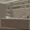 Modern Minimalist Kitchen Sideboard Featuring Open Shelves Jars Dishes And Tile Backsplash
