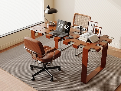 Modern Middle Style Desk Middle Style Desk and Chair Combination Decorative Decoration Combination Table Lamp Laptop model