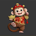 Cute Cartoon Monkey Wearing Red Traditional Costume With Golden Hat Gold Ingot And Chinese Knot