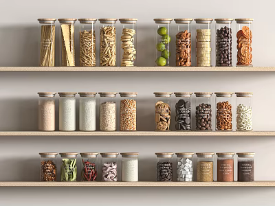 Transparent Glass Jars With Metal Lids Neatly Arranged On Wooden Shelves For Kitchen Storage 3d model
