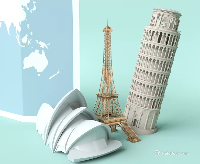 Cartoon Scenic Models Eiffel Tower Leaning Tower of Pisa Sydney Opera House with World Map 3d model 