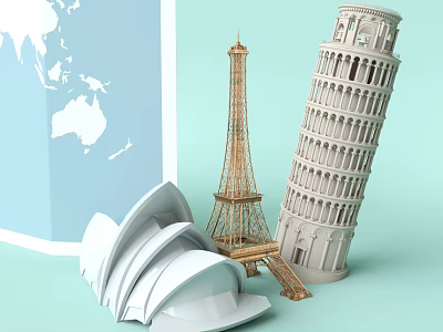 Cartoon Scenic Models Eiffel Tower Leaning Tower of Pisa Sydney Opera House with World Map 3d model