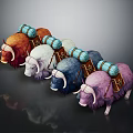 Game Movie Character Yaks With Various Colors Blue Packs Horns And Fluffy Fur