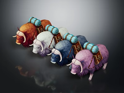 Game Movie Character Yaks With Various Colors Blue Packs Horns And Fluffy Fur 3d model