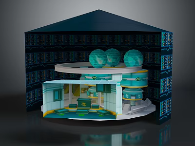 Blue Multi layered Architectural Model With Green Spheres Circular Platform And Server Racks 3d model