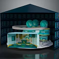 Blue Multi layered Architectural Model With Green Spheres Circular Platform And Server Racks