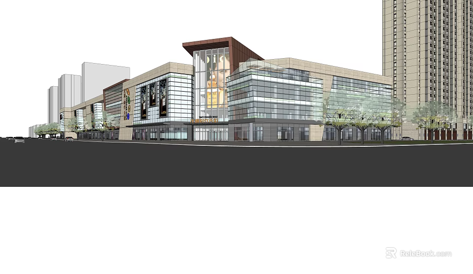 Modern Commercial Street With Glass Facade Multi Storey Shops And Trees 3d model 