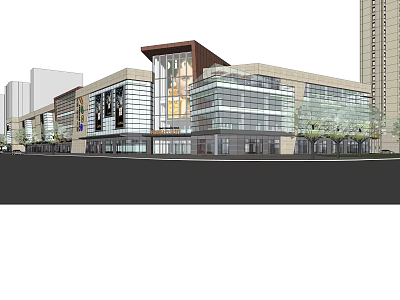 Modern Commercial Street With Glass Facade Multi Storey Shops And Trees 3d model
