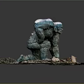 Stone Giant Character With Rocky Texture Kneeling On Debris Covered Ground And Snowy Back