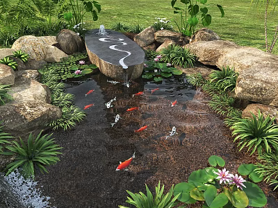 Tranquil Water Fountain Landscape With Koi Fish Green Plants And Lotus Flowers 3d model